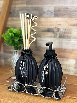 Kit Lavabo Luxo Preto com Vidro Cacau, Difusor, Sabonete e Bandeja