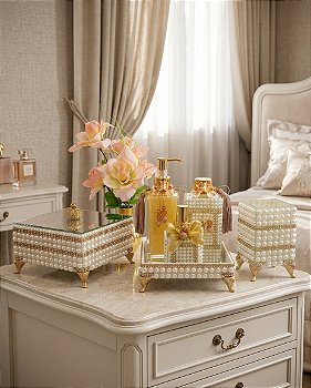 Conjunto Decorativo de Lavabo Luxo Pérolas e Dourado