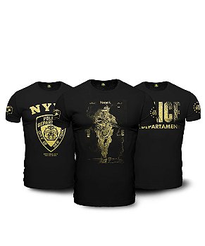 Kit 3 Camisetas Masculinas Pretas em Algodão NYPD Team Six Brasil
