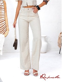 Calça Wide Leg em Viscolinho Bege Revanche
