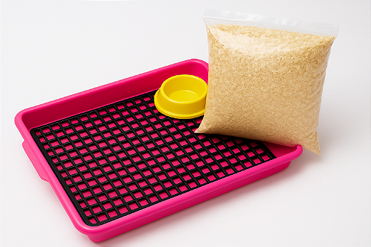 Kit Bandeja Sanitário Saniplus + Serragem e Comedouro Para Mini Coelho Porquinho da India Chinchila Cor Rosa