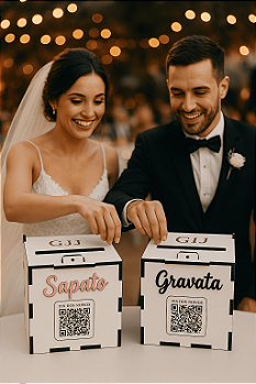 Caixa Cofre para Casamento em MDF com PIX para Gravata, Sapatinho e Lua de Mel