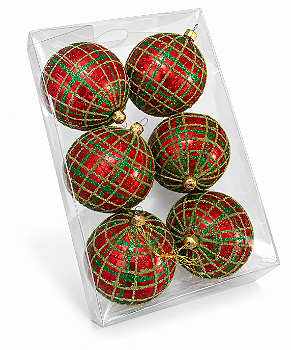 Jogo 6 Bolas Decoradas De Natal Vermelho Xadrez Verde 8cm