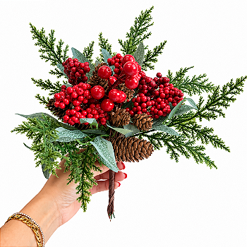 Galho Decorativo Natal Folhagens Berry Pinhas