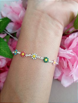 Pulseira 5 Margaridas Coloridas Prata 925