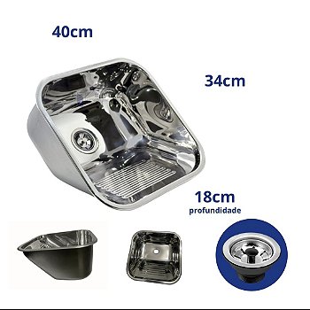 Tanque de Lavanderia em Aço Inox 304 40x34x18cm — Sobrepor ou Embutir com Válvula e Sifão