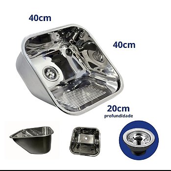 Tanque de Lavanderia em Aço Inox 304 40x40x20cm — Sobrepor ou Embutir com Válvula e Sifão
