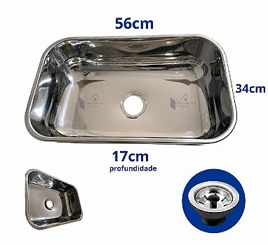 Cuba N2 56x34x17cm em Aço Inox Polida - Com Válvula e Sifão