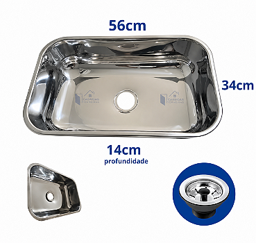 Cuba N2 56x34x14cm em Aço Inox Polida - Com Válvula e Sifão