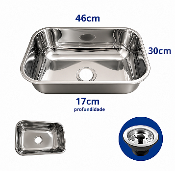 Cuba N1 46x30x17cm em Aço Inox Polida - Com Válvula e Sifão