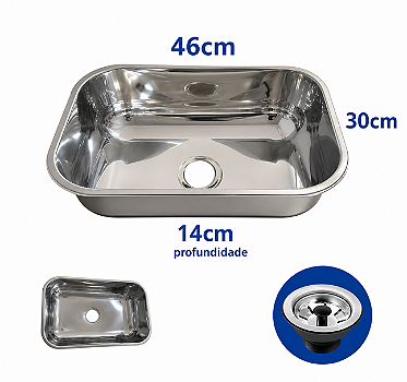 Cuba N1 46x30x14cm em Aço Inox Polida - Com Válvula e Sifão