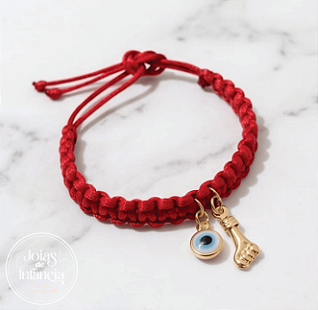 Pulseira Macramê com Figa e Olho Grego banhada Ouro 18k