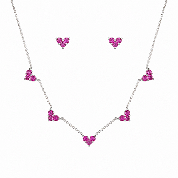 Conjunto Corações com Zircônia Banho de Ródio Branco – Pink
