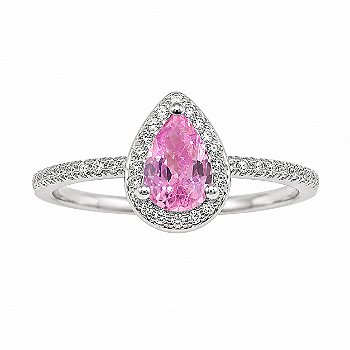 Anel Gota Rosa Zircônia Cristal Banho de Ródio Branco