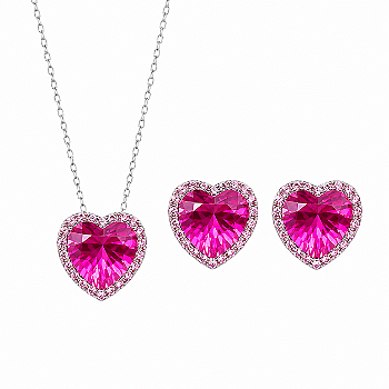 Conjunto Coração Banho de Ródio Branco - Pink