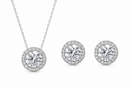 Conjunto Redondo com Zircônia Banho de Ródio Branco - Cristal