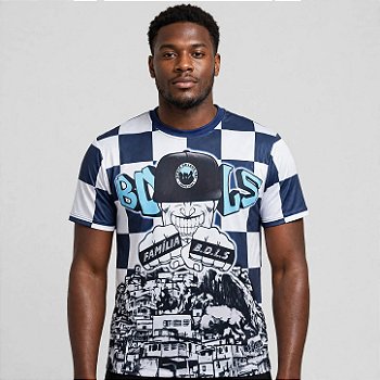 T-shirt Xadrez Azul e Branca Estampa BDLS Família B.D.L.S
