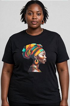 T-shirt Preta Estampa Perfil Mulher Negra Turbante Colorido & Brincos Étnicos