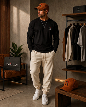 Kit Urban Premium D.ORIGAN® | Camiseta Manga Longa Preta + Calça de Moletom Off White + Boné Caramelo