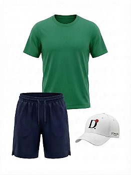 Kit Urban Green Premium Camiseta Dry Fit Verde + Shorts Tactel Azul-Marinho + Boné Branco