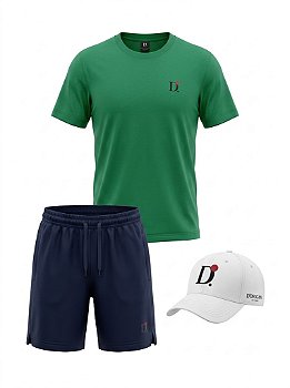 Kit Urban Green Premium D.ORIGAN® | Camiseta Dry Fit Verde + Shorts Tactel Azul-Marinho + Boné Branco