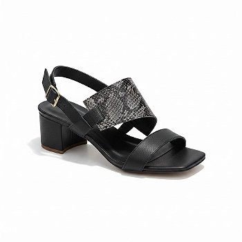 Sandália Feminina Couro Cobra e Napa Preta Couro Salto 4cm Confortável Elegante Sola Micro Chic Moderno