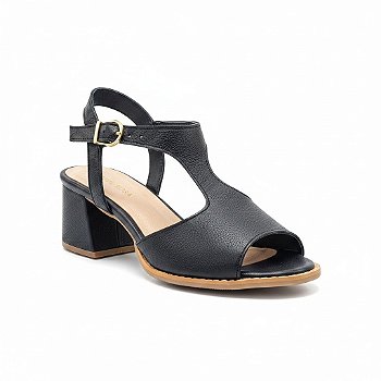 Sandália Feminina Couro Fly Preto Salto Bloco 5cm Confortável Antiderrapante Casual Elegante