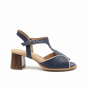 Sandália Feminina Couro Fly Azul Marinho Off White Salto Bloco Madeira 5cm Confortável Antiderrapante