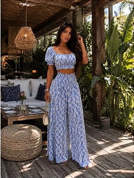 Conjunto Feminino Cropped e Pantalona Estampado Duna Elegante Tamanho Único