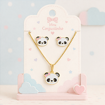 Conjunto infantil de colar e brinco panda folheado a ouro 18k