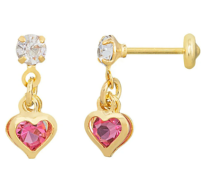 Brinco infantil ponto de luz com pingente de coração em zircônia folheado a ouro 18k