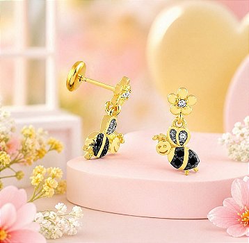 Brinco Infantil Abelhinha Zircônia Banhado a Ouro 18k