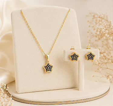 Conjunto de brinco e colar estrelas em zircônias negras folheado a ouro 18k