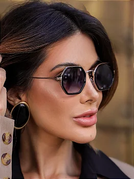 Óculos de sol Influencer octogonal preto degradê com dourado