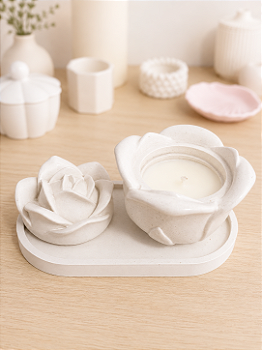 Vela Aromática Rosa Branca com Bandeja Decorativa