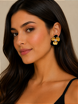 Brinco Flor Veludo Dourado