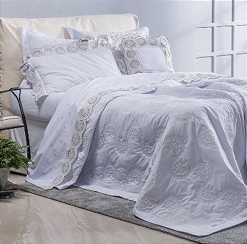 Kit Cobre Leito King Astral Juma Percal 200 Fios Bordado Branco 03 Peças