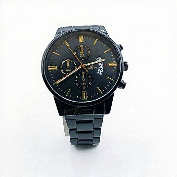 Relógio Masculino Black Chrono Premium Aço Preto com Detalhes Dourados
