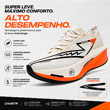 Tênis de Corrida com placa de Carbono Chunta responsivo Branco e Laranja