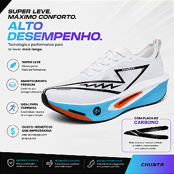 Tênis de Corrida com placa de Carbono Chunta responsivo Branco e Azul