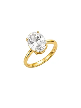 Anel Georgina Folheado a Ouro 18k, Prata 925 e Diamante Solitário Pedra Oval - 10mm
