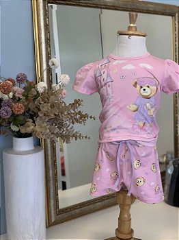 Conjunto Pijama Ursinho E Castelo Malha Rosa Infanti