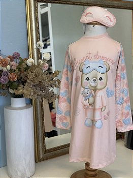 Camisola ML Urso Malha Rosa Pêssego c/ Máscara Infanti