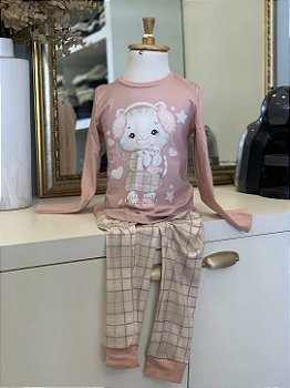 Conjunto Pijama ML Gatinho Malha Rosa Seco Infanti