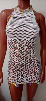 Vestido de Crochê Branco Com Pedrarias Frente Única M