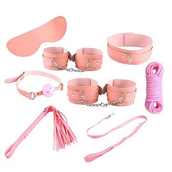 Kit Fetiche BDSM com 7 Peças Rosa Algemas Chicote e Mordaça