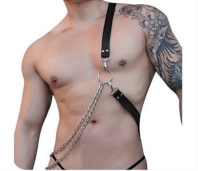 Harness Peitoral Masculino Espartano em Couro com Correntes Ajustável