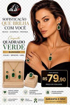 Conjunto de Semijoias Ouro 18K com Colar, Brincos e Anel – Pedras Verdes
