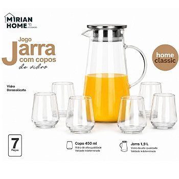 Kit Jarra Borossilicato Tampa Inox 1,9L + 6 Copos