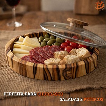Saladeira Gamela em Madeira teca Com Tampa de Vidro